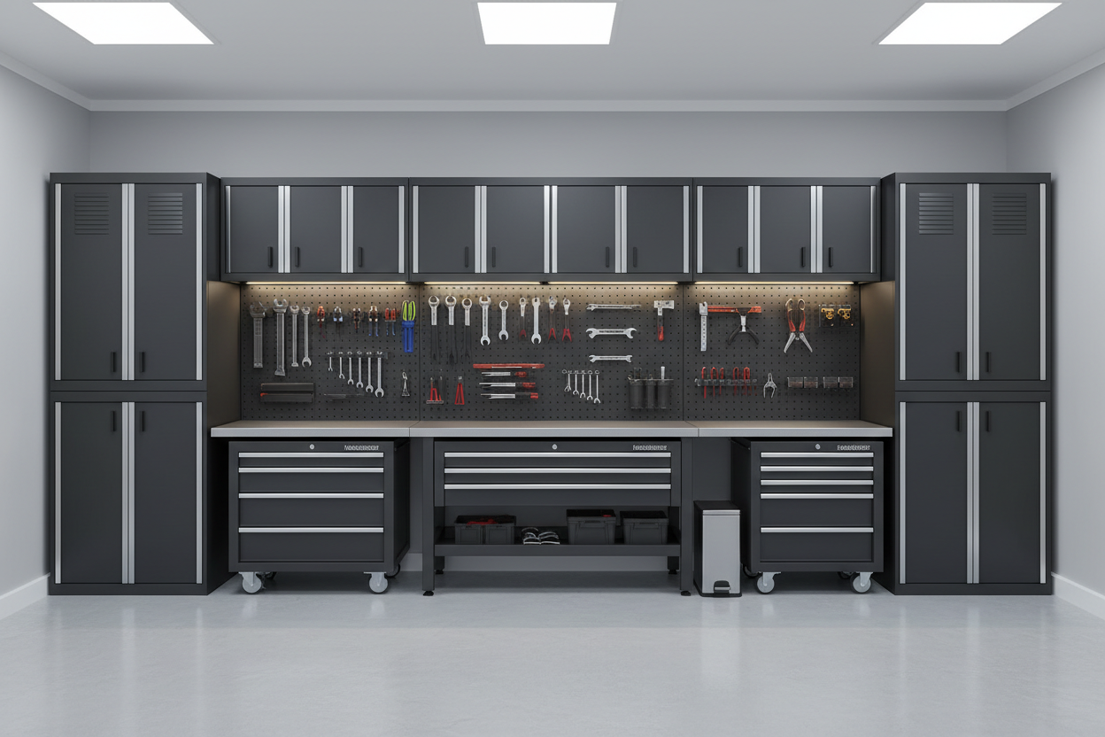 Garage Workspace System - full cabinet wall with heavy-duty workbench and tool organization