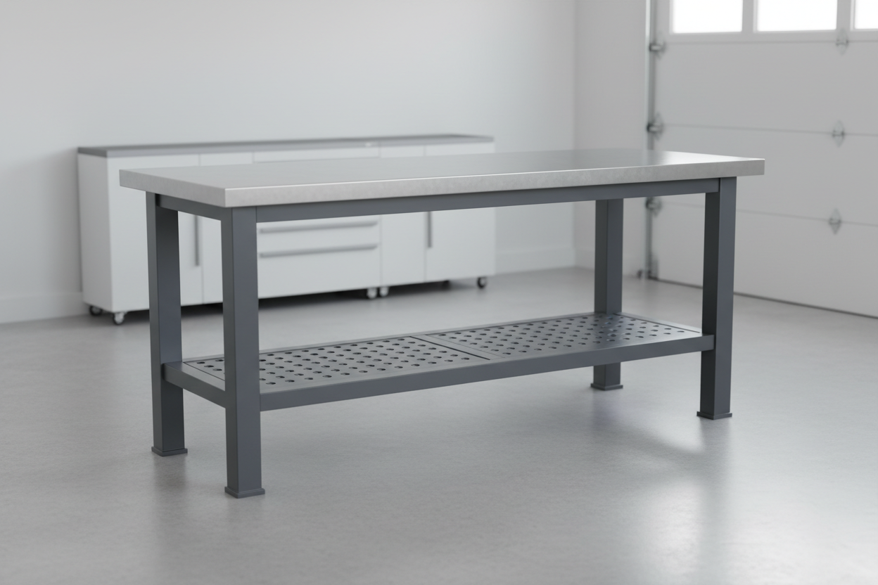 Heavy-duty garage workbench with steel top