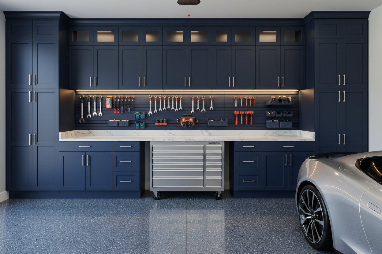 Premium Full-Wall System - showroom-quality floor-to-ceiling garage cabinets with integrated lighting