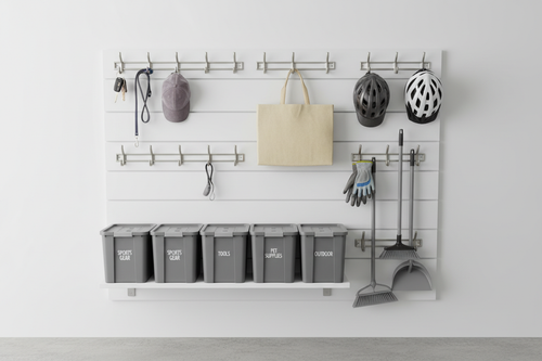 Garage entry organization kit with hooks, bins, and accessories