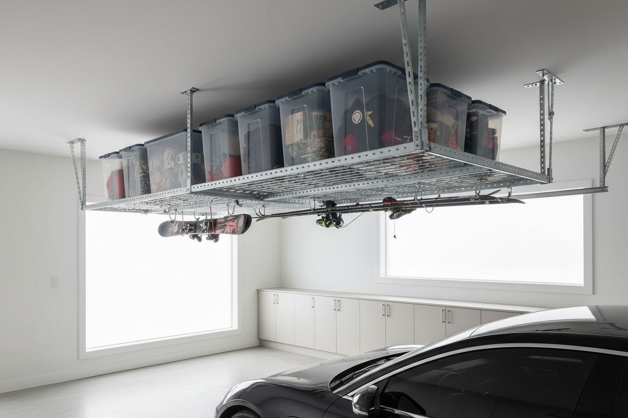 Overhead garage ceiling storage rack